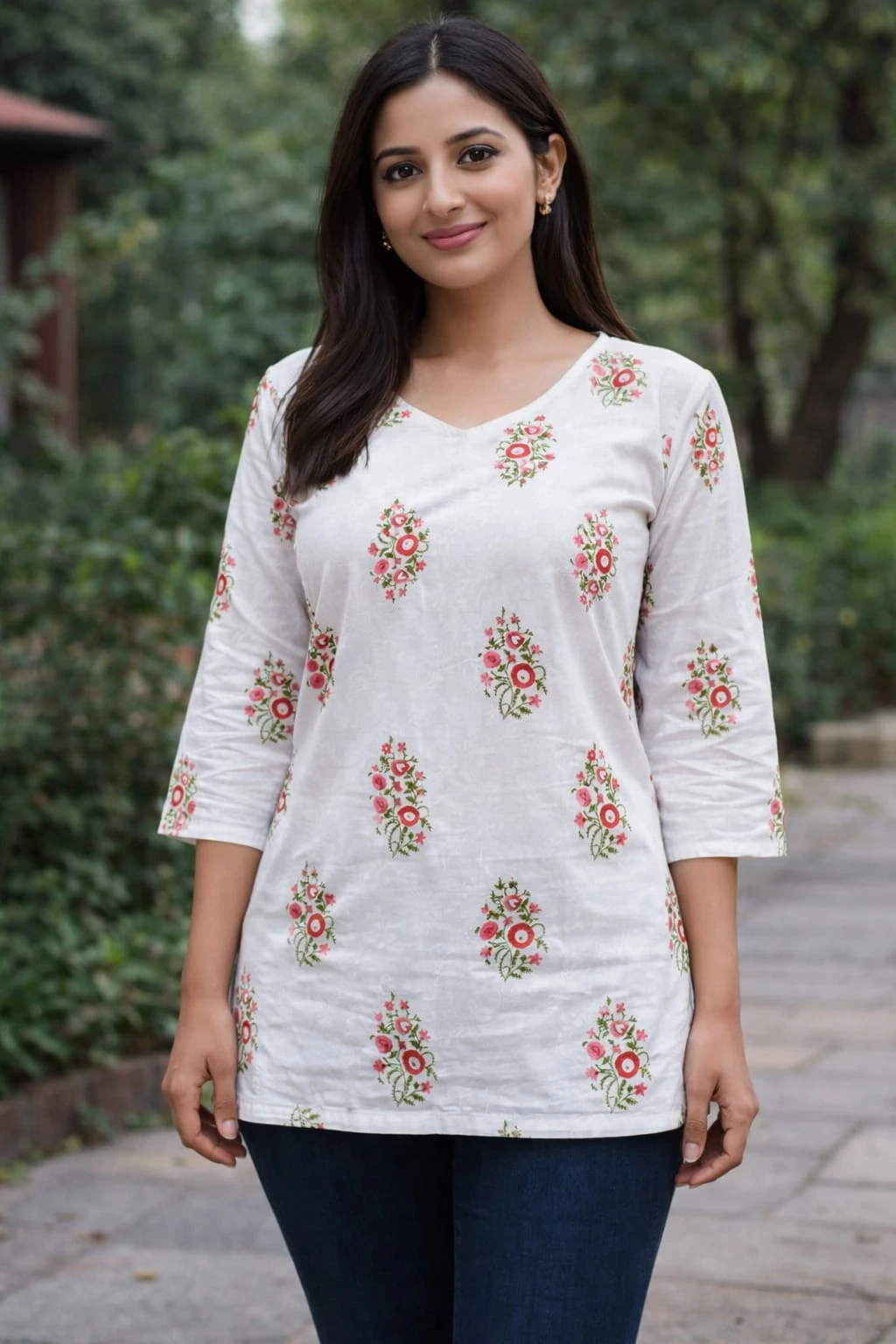 White Floral Printed Short Kurti for Women Daily Wear